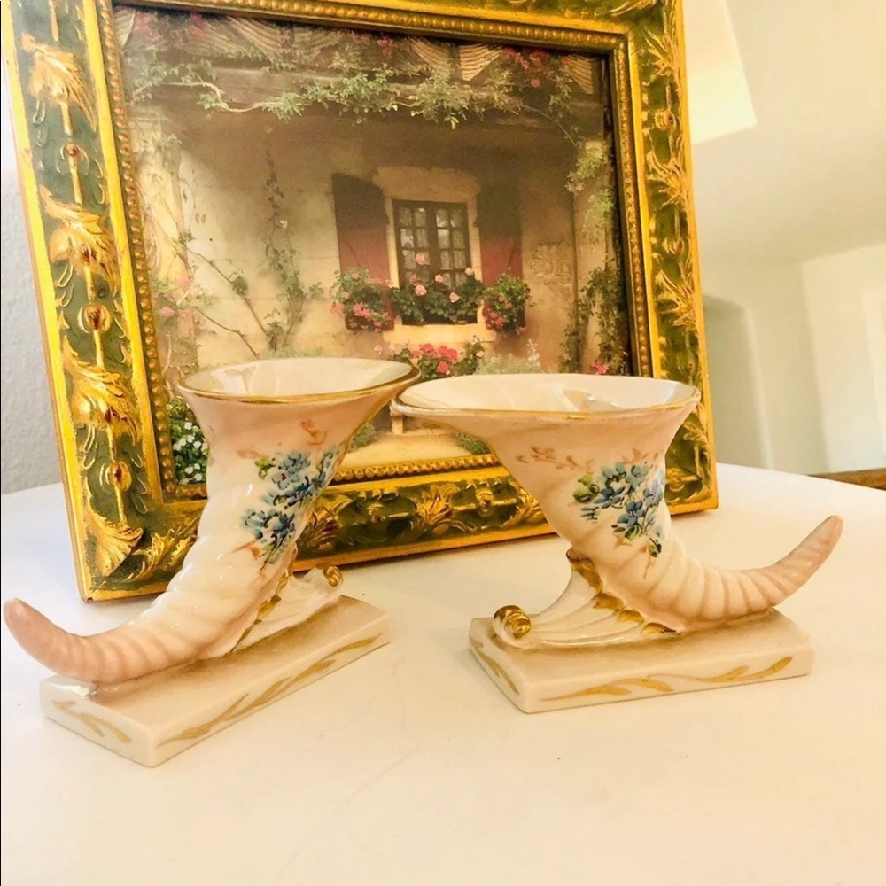 Vintage Freeman Hand Painted Cornucopia Vase Pair